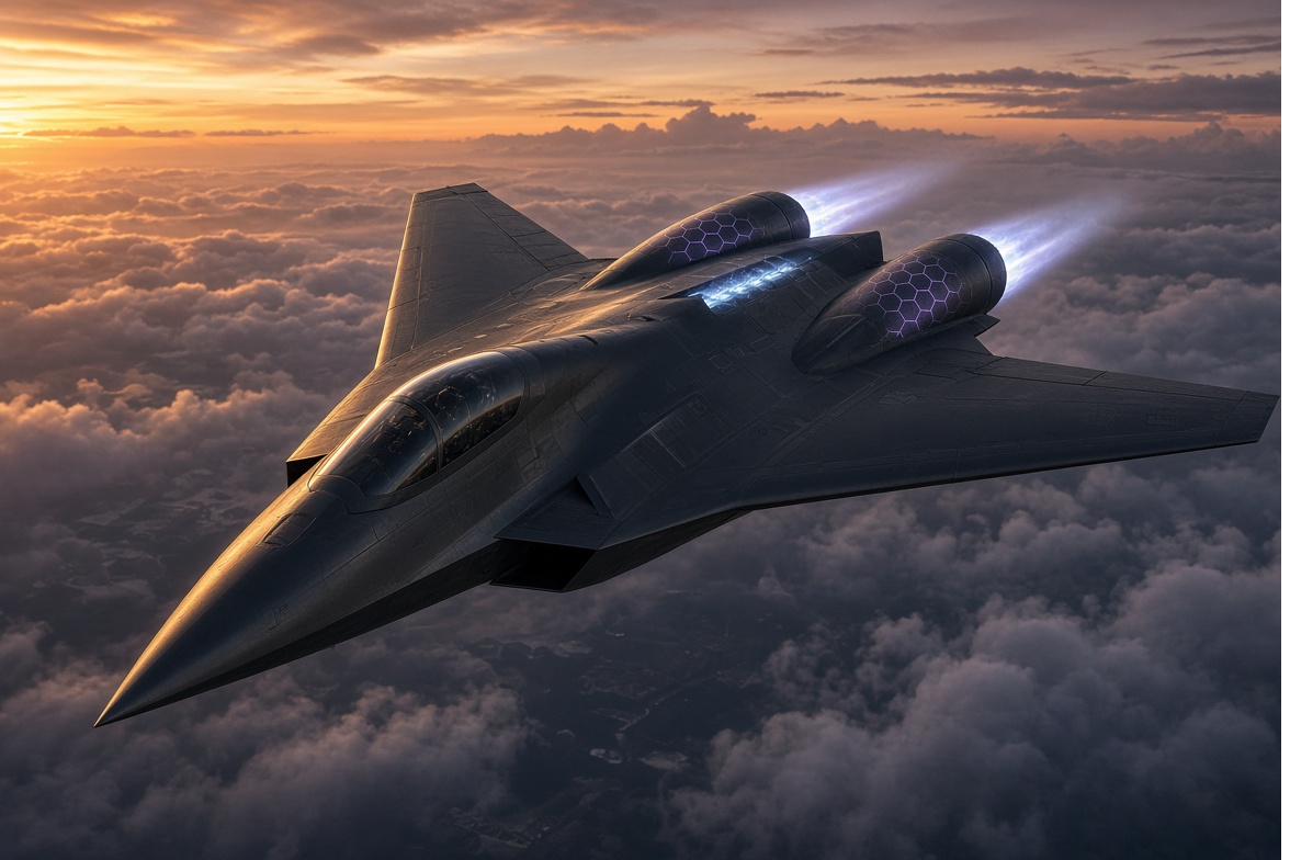 Stealth aircraft cutting through clouds at sunset